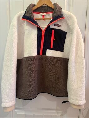 Vineyard Vines Sherpa Pullover Women Large Colorblock Fleece Neon Orange 1/4 Zip